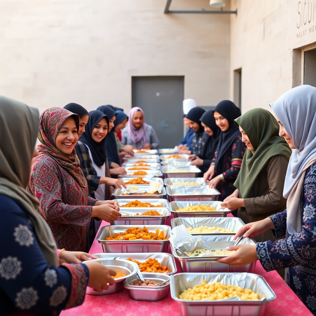 Group of diverse volunteers preparing and distributing meals to people, warm community atmosphere, chef supervising, happy faces, professional photography, natural lighting