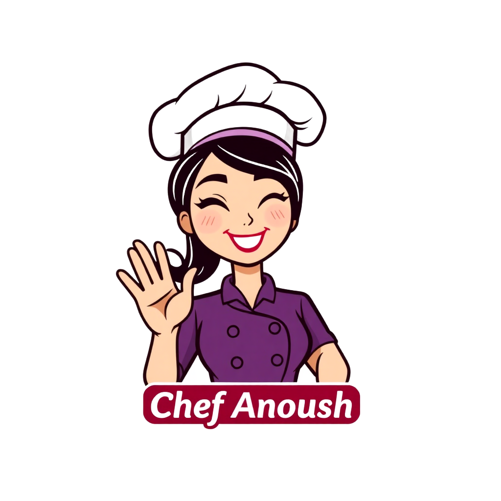 enhanced vector logo for Chef Anoush, female chef character winking and doing OK sign, wearing white chef hat and purple uniform, text Chef Anoush at bottom in maroon, clean flat vector illustration style, high quality